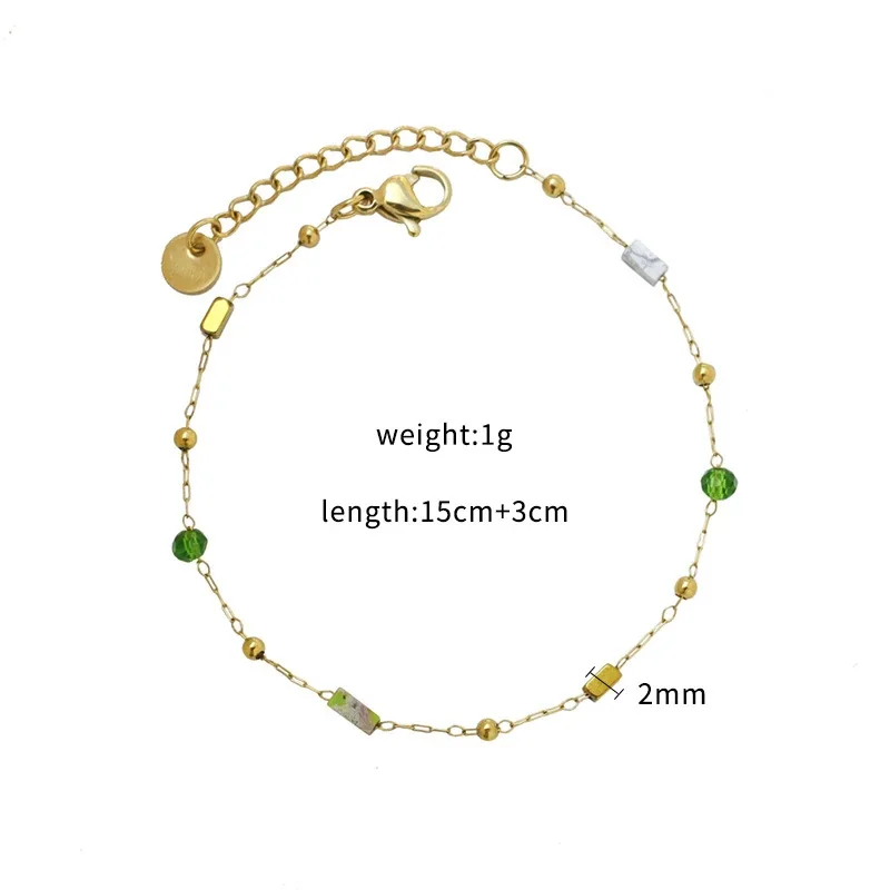 Chain Bracelet with Green Crystal Beads Gold-Plated Stainless Steel - Gold