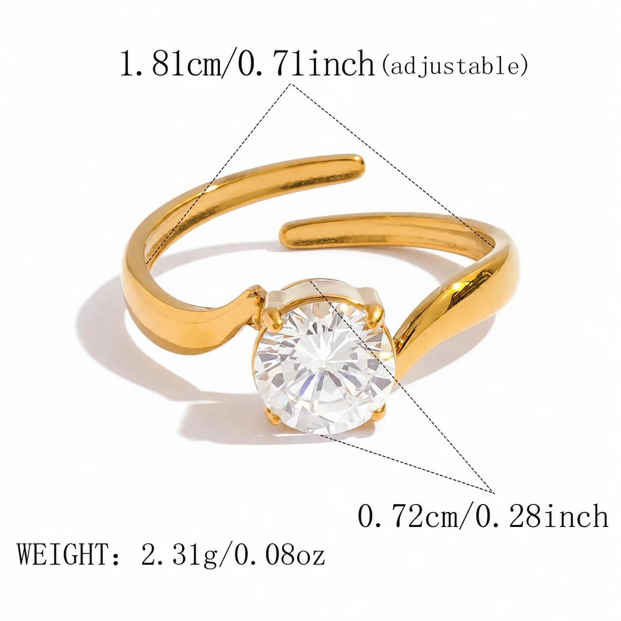 Ring: Verstelbare golvende bypassring van roestvrij staal, rond kristal, goudkleurig PVD productfoto
