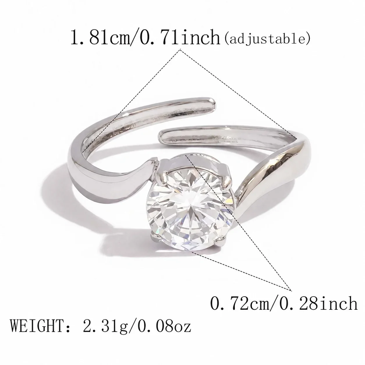 Ring: Verstelbare golvende bypassring van roestvrij staal, rond kristal, goudkleurig PVD productfoto