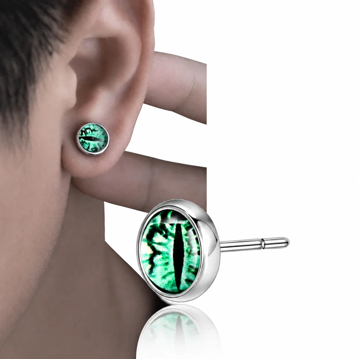 Edgy Stainless Steel Silver-Plated Eye Motif Stud Earrings - Green
