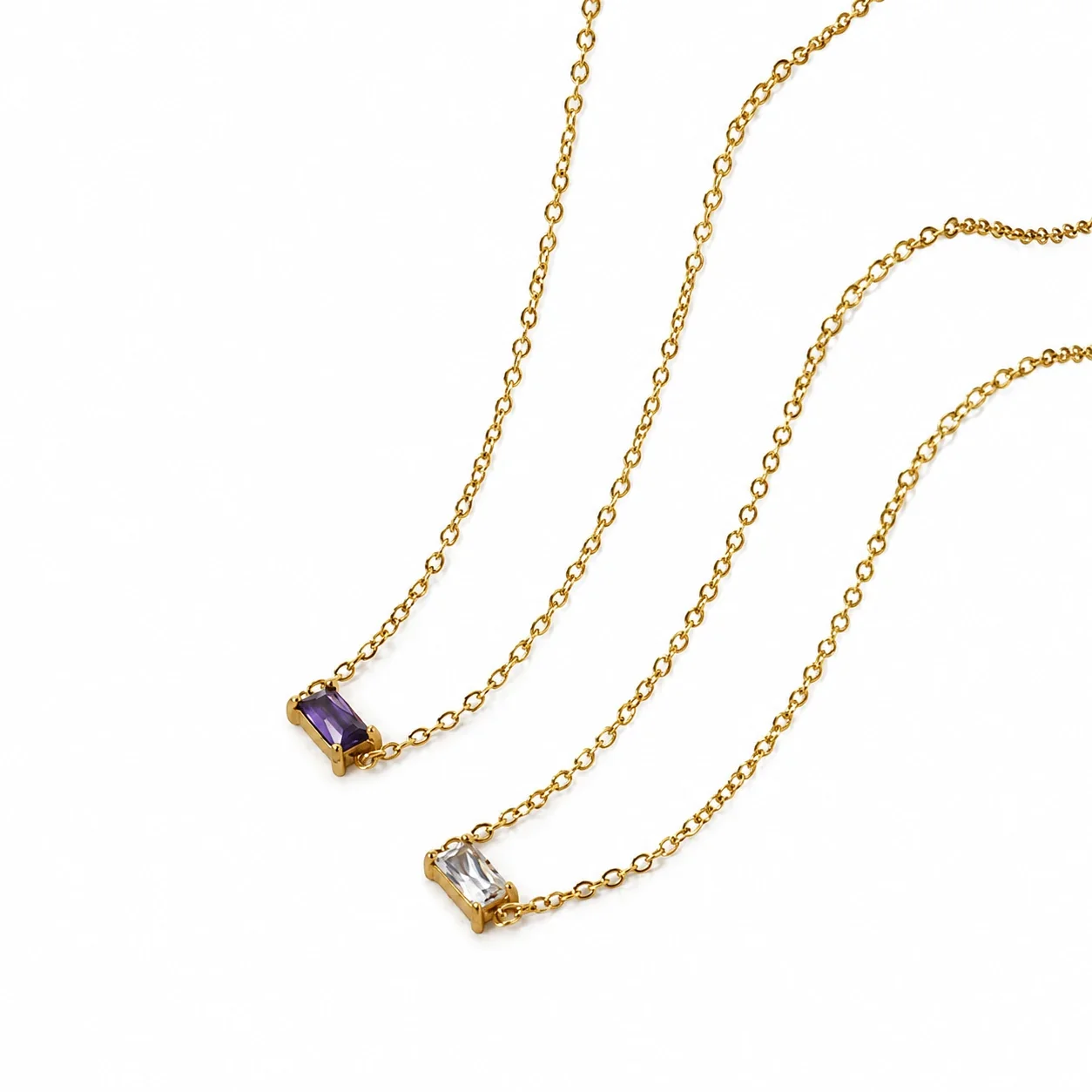 Pendant Necklace Baguette CZ Bar Gold-Plated Stainless Steel