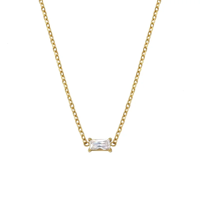 Pendant Necklace Baguette CZ Bar Gold-Plated Stainless Steel - Champagne CZ