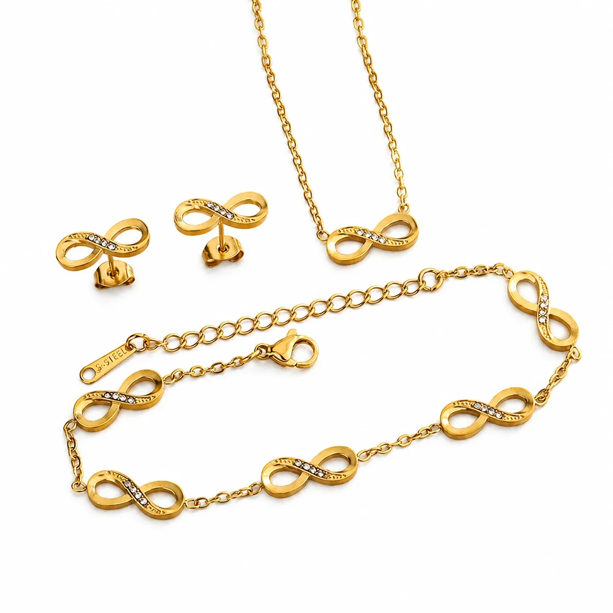 Radiant Gold-Plated Stainless Steel Infinity CZ Chain Jewelry Set