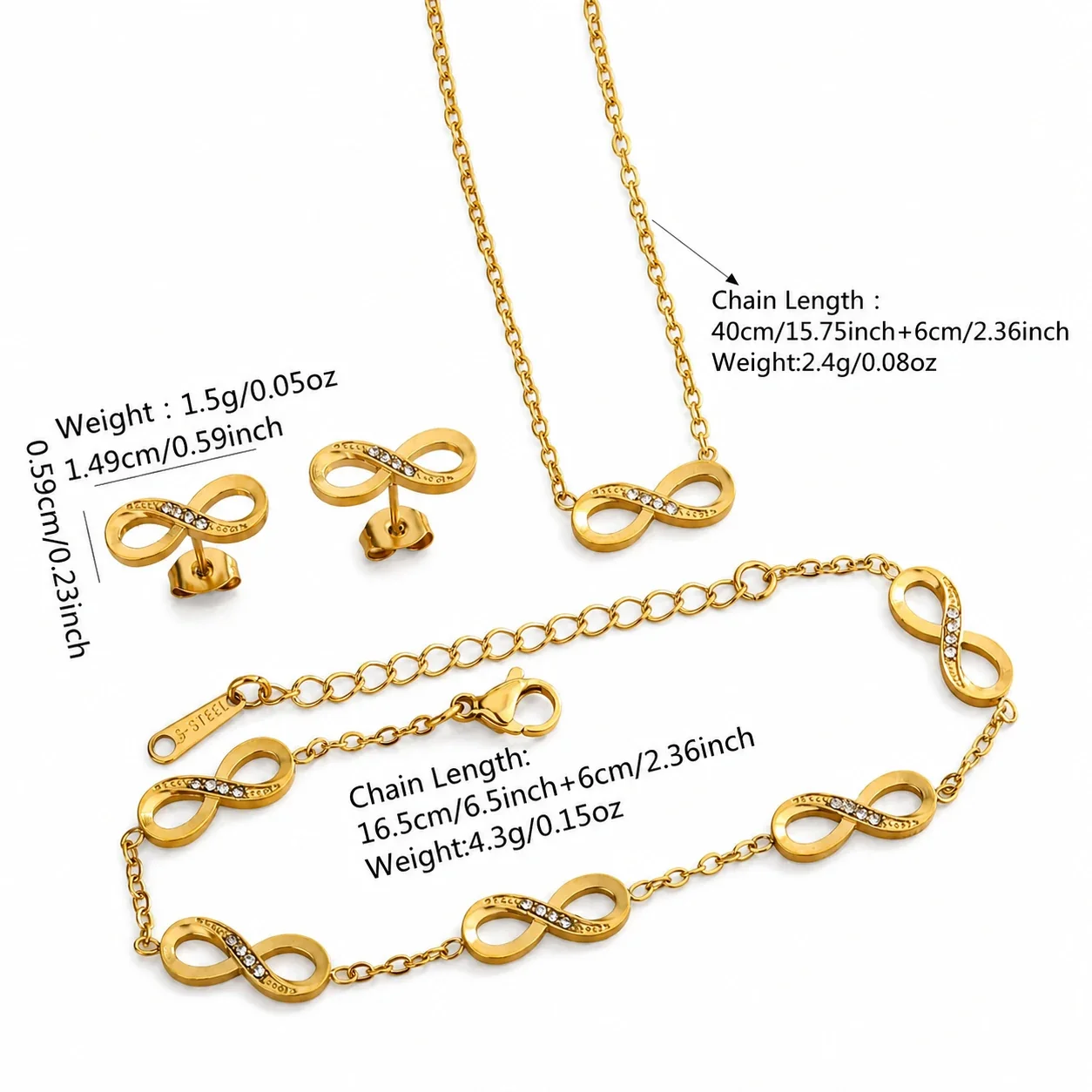 Radiant Gold-Plated Stainless Steel Infinity CZ Chain Jewelry Set