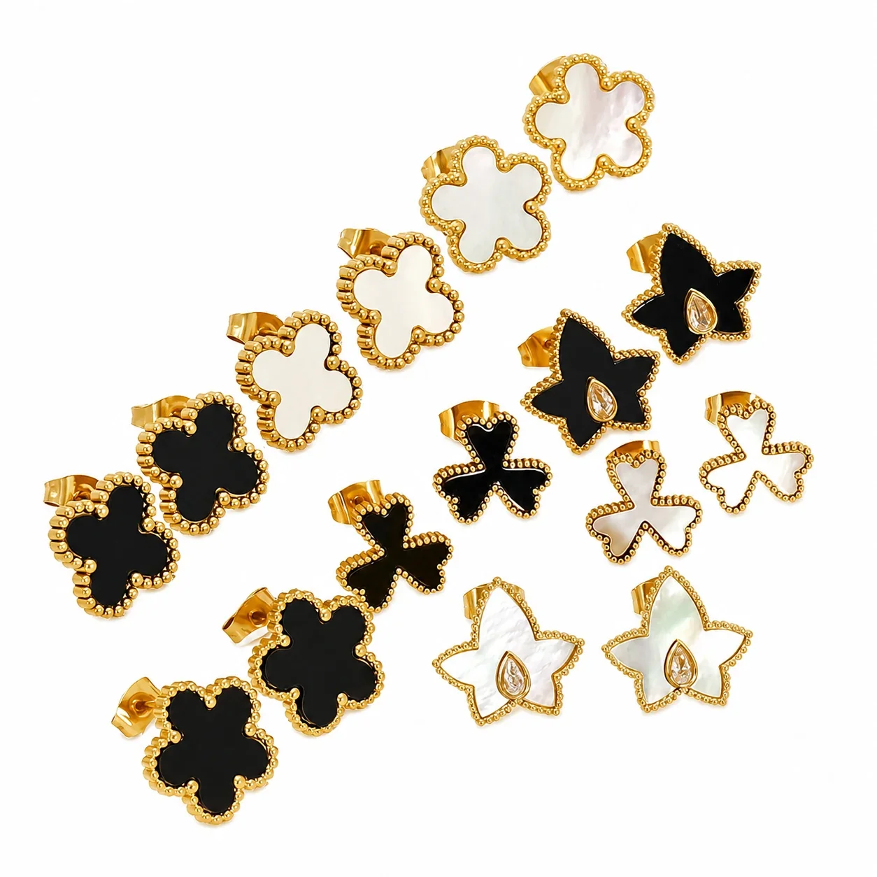 Playful Gold-Plated Stainless Steel Beaded Clover Stud Earrings