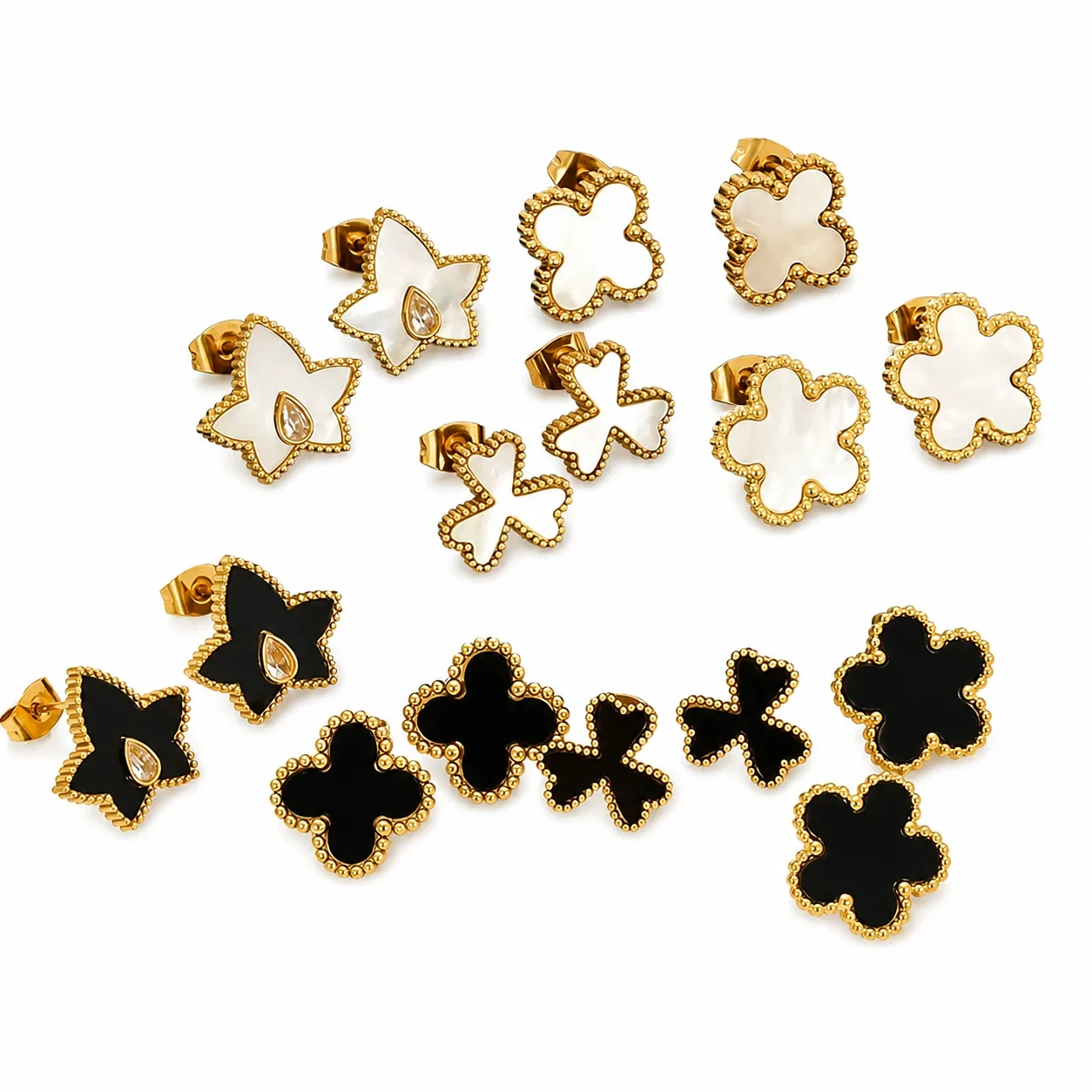 Playful Gold-Plated Stainless Steel Beaded Clover Stud Earrings