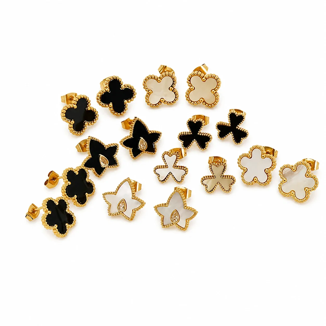 Playful Gold-Plated Stainless Steel Beaded Clover Stud Earrings