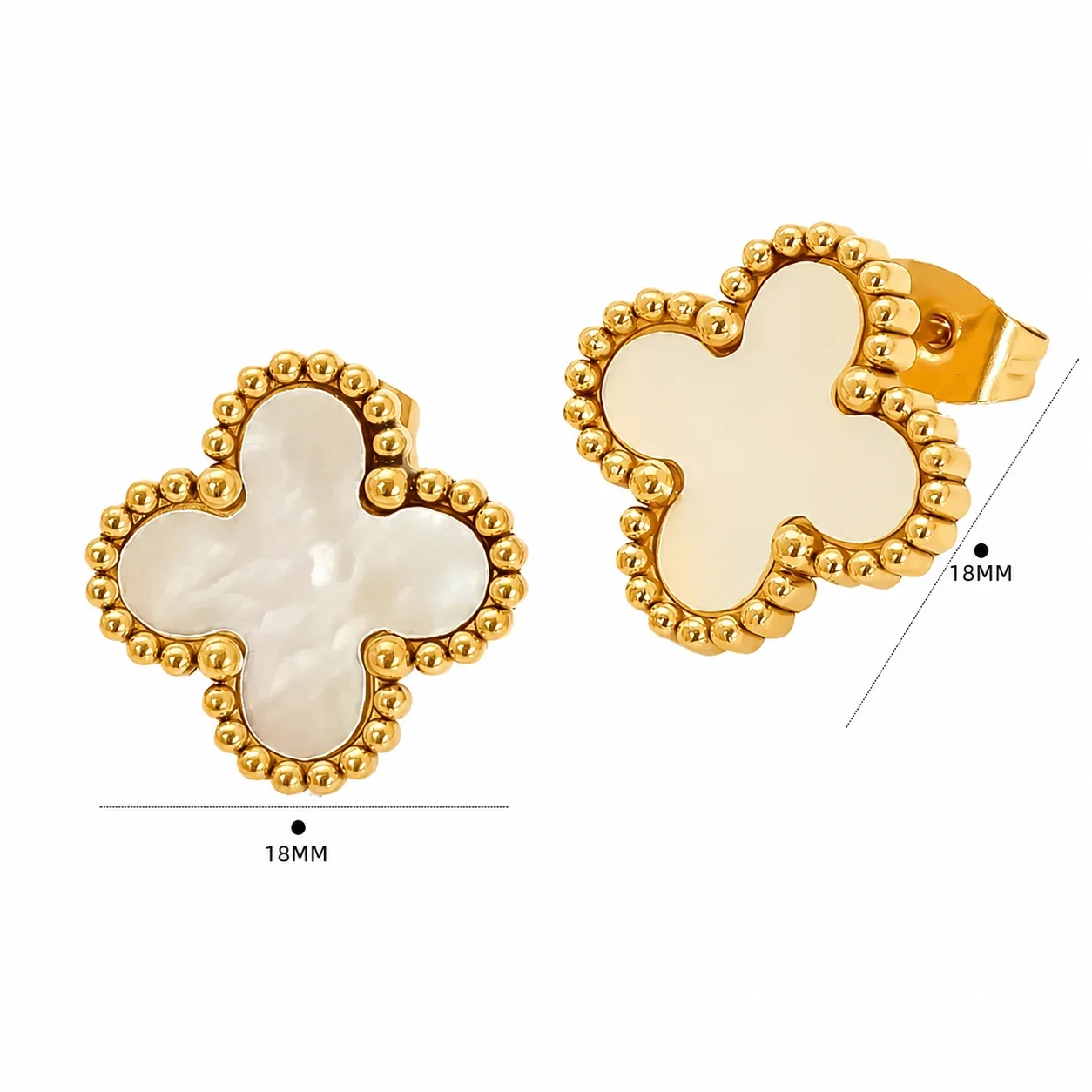 Playful Gold-Plated Stainless Steel Beaded Clover Stud Earrings - Gold White Clover