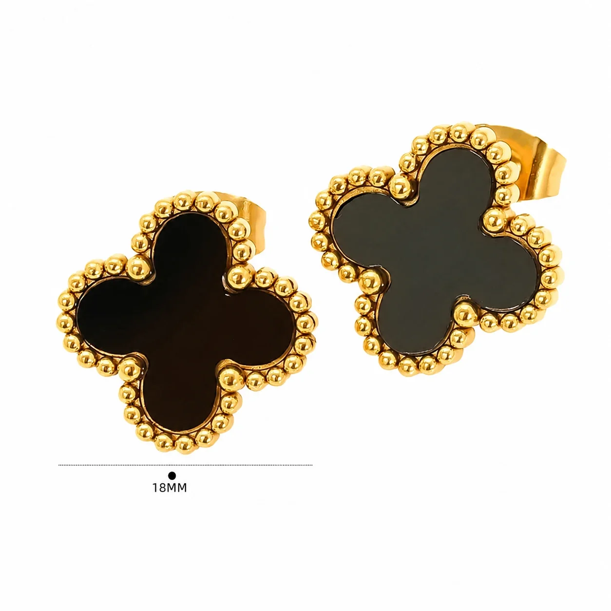 Playful Gold-Plated Stainless Steel Beaded Clover Stud Earrings - Gold Black Clover