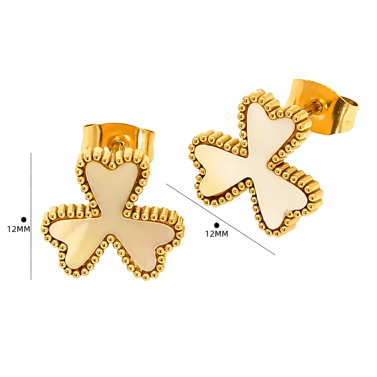 Playful Gold-Plated Stainless Steel Beaded Clover Stud Earrings - Gold White Flower