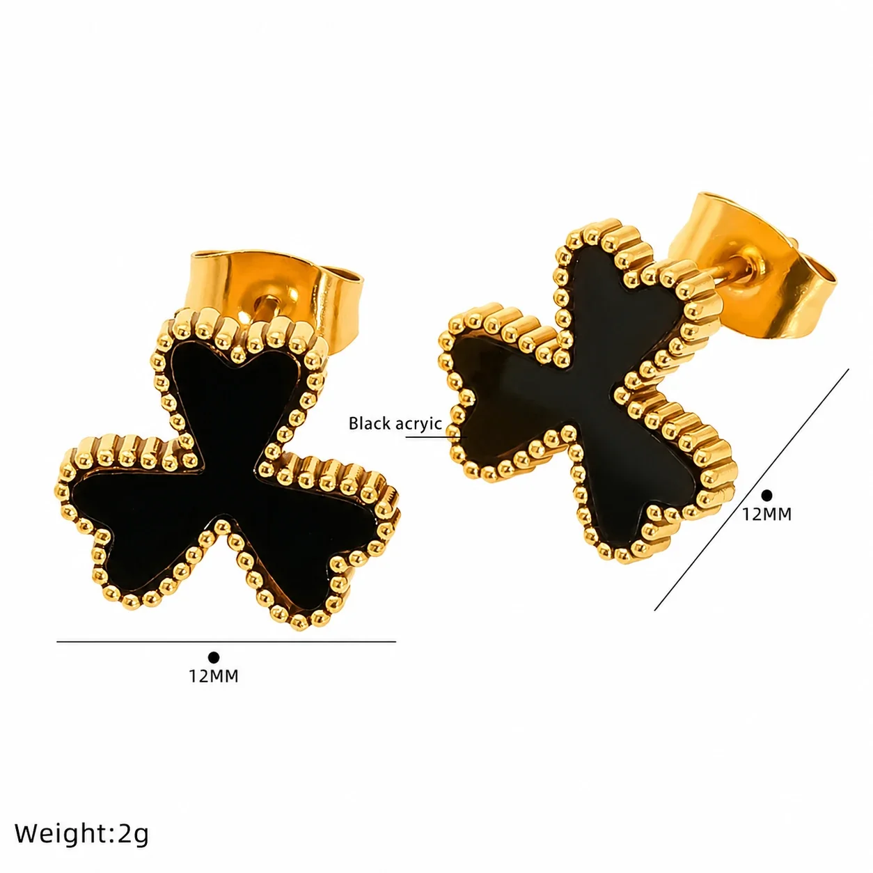 Playful Gold-Plated Stainless Steel Beaded Clover Stud Earrings - Gold Black Flower