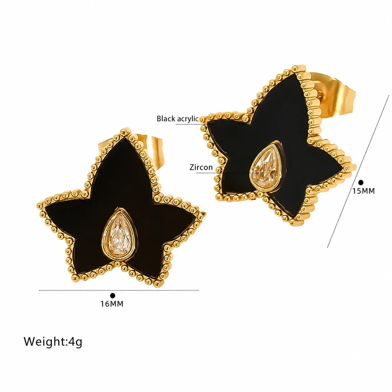 Playful Gold-Plated Stainless Steel Beaded Clover Stud Earrings - Gold Black Cross Flower