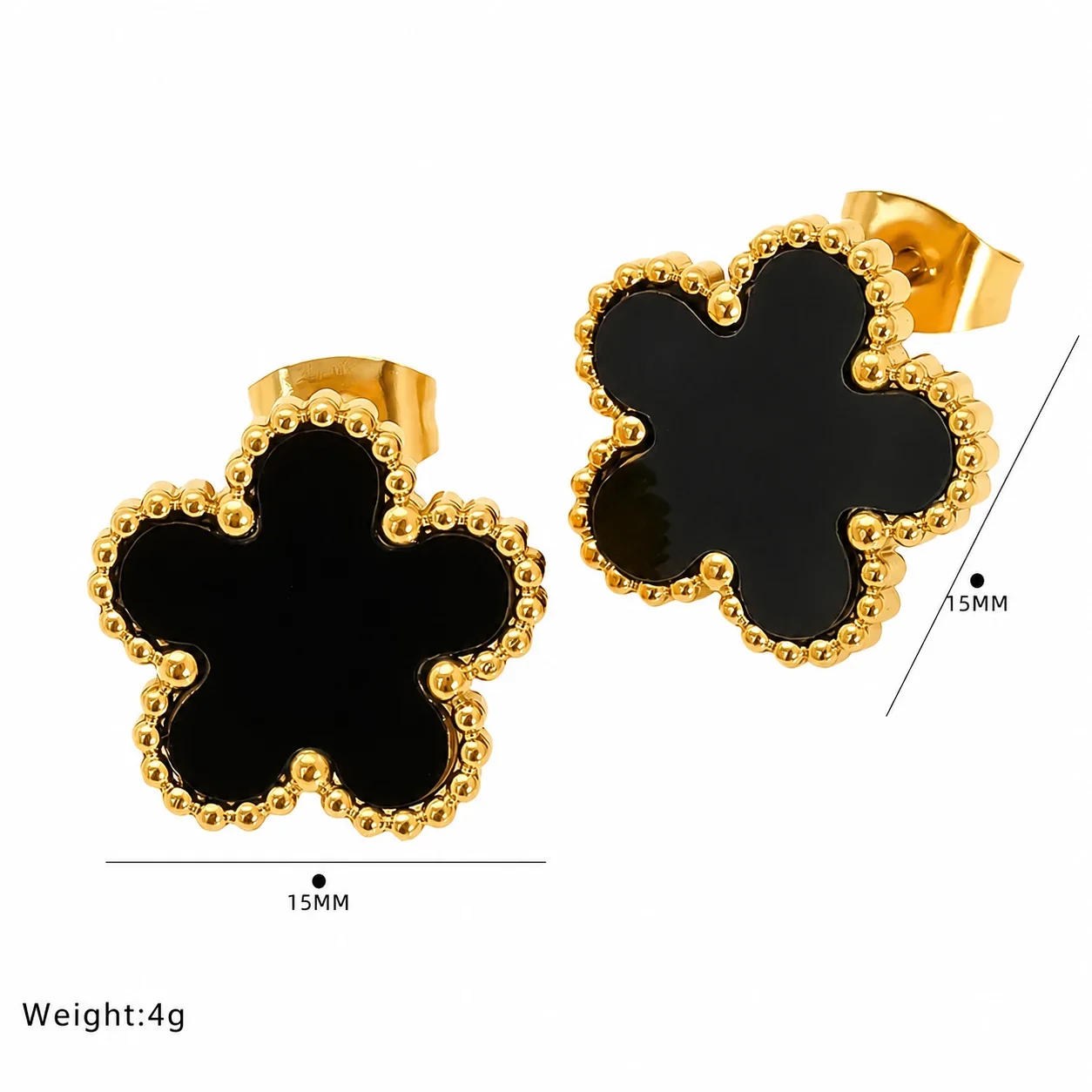 Playful Gold-Plated Stainless Steel Beaded Clover Stud Earrings - Gold Black Star Flower