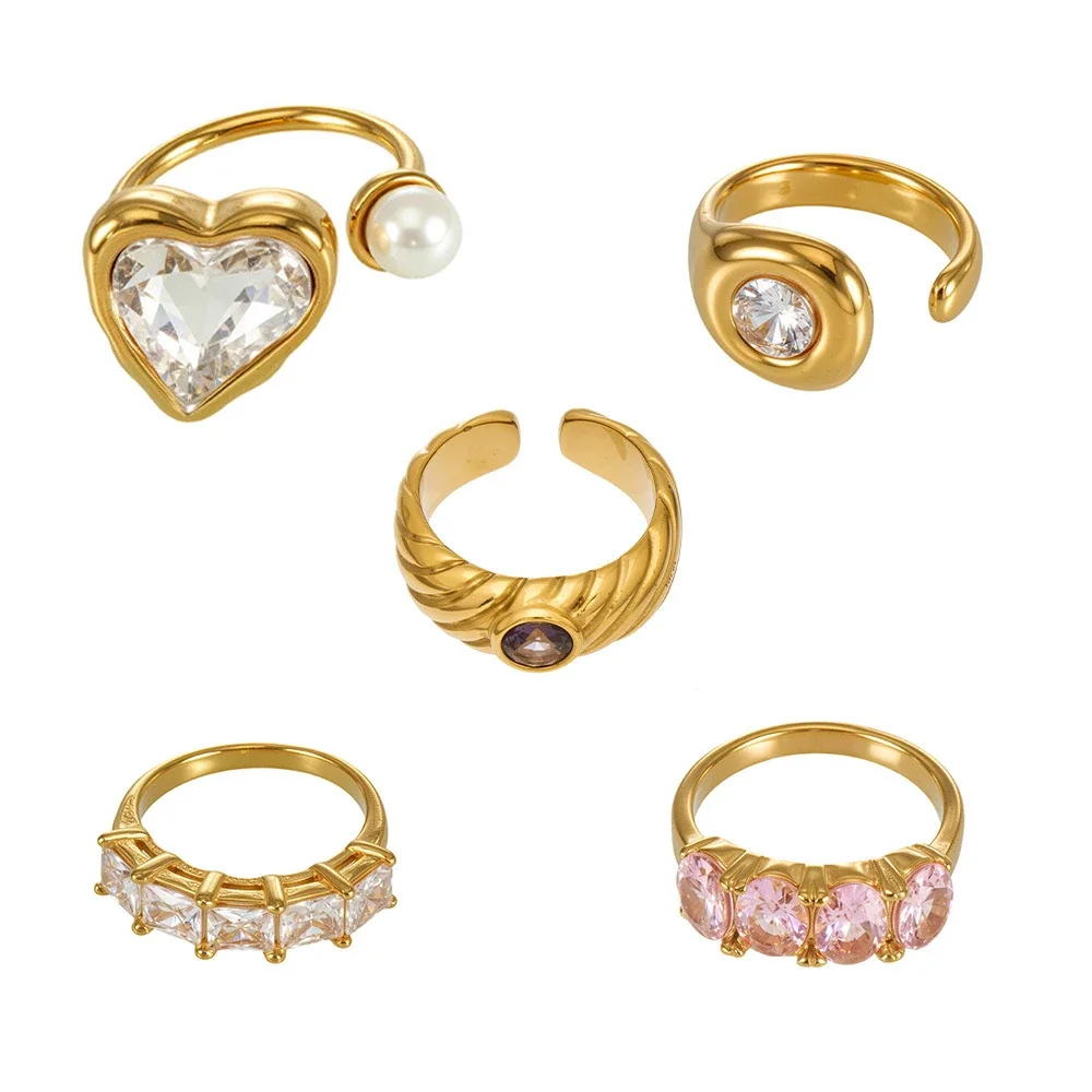 Heart, Oval & Crystal Ring Assortment, Stainless Steel Gold PVD