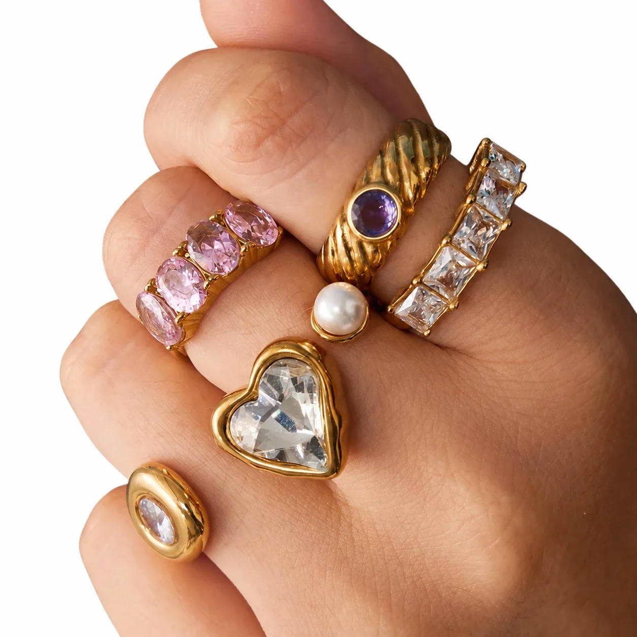Heart, Oval & Crystal Ring Assortment, Stainless Steel Gold PVD