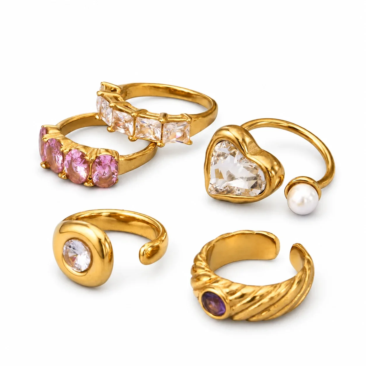 Heart, Oval & Crystal Ring Assortment, Stainless Steel Gold PVD