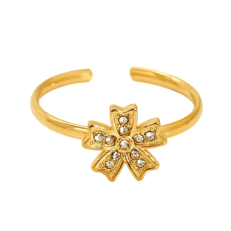 Radiant Gold-tone Stainless Steel CZ Flower Ring