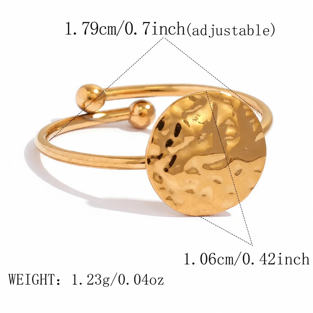 Verstelbare ring met gehamerde schijf en boluiteinden, goud PVD productfoto