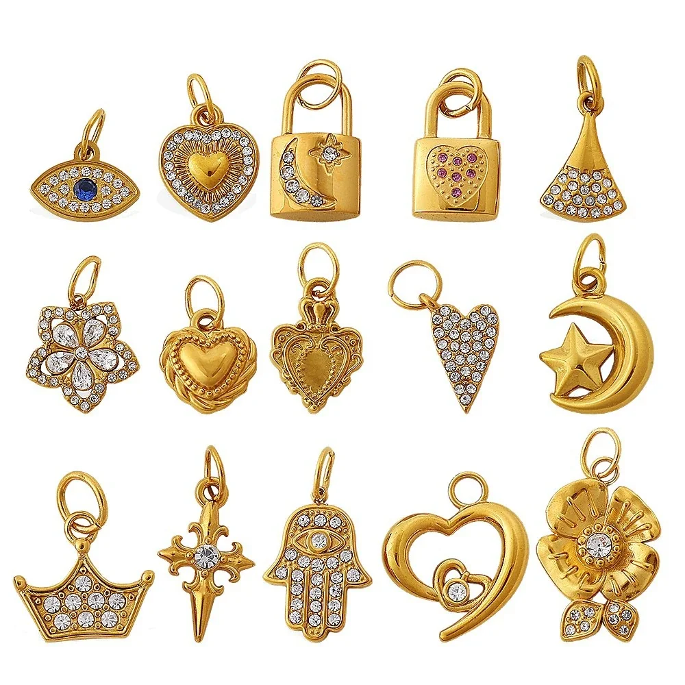 Stainless Steel Pendant Charms with Crystal Motifs, Gold-Plated