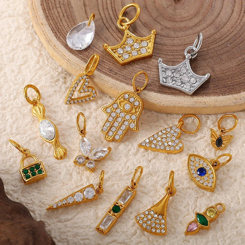 Stainless Steel Pendant Charms with Crystal Motifs, Gold-Plated