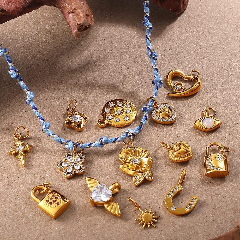 Stainless Steel Pendant Charms with Crystal Motifs, Gold-Plated