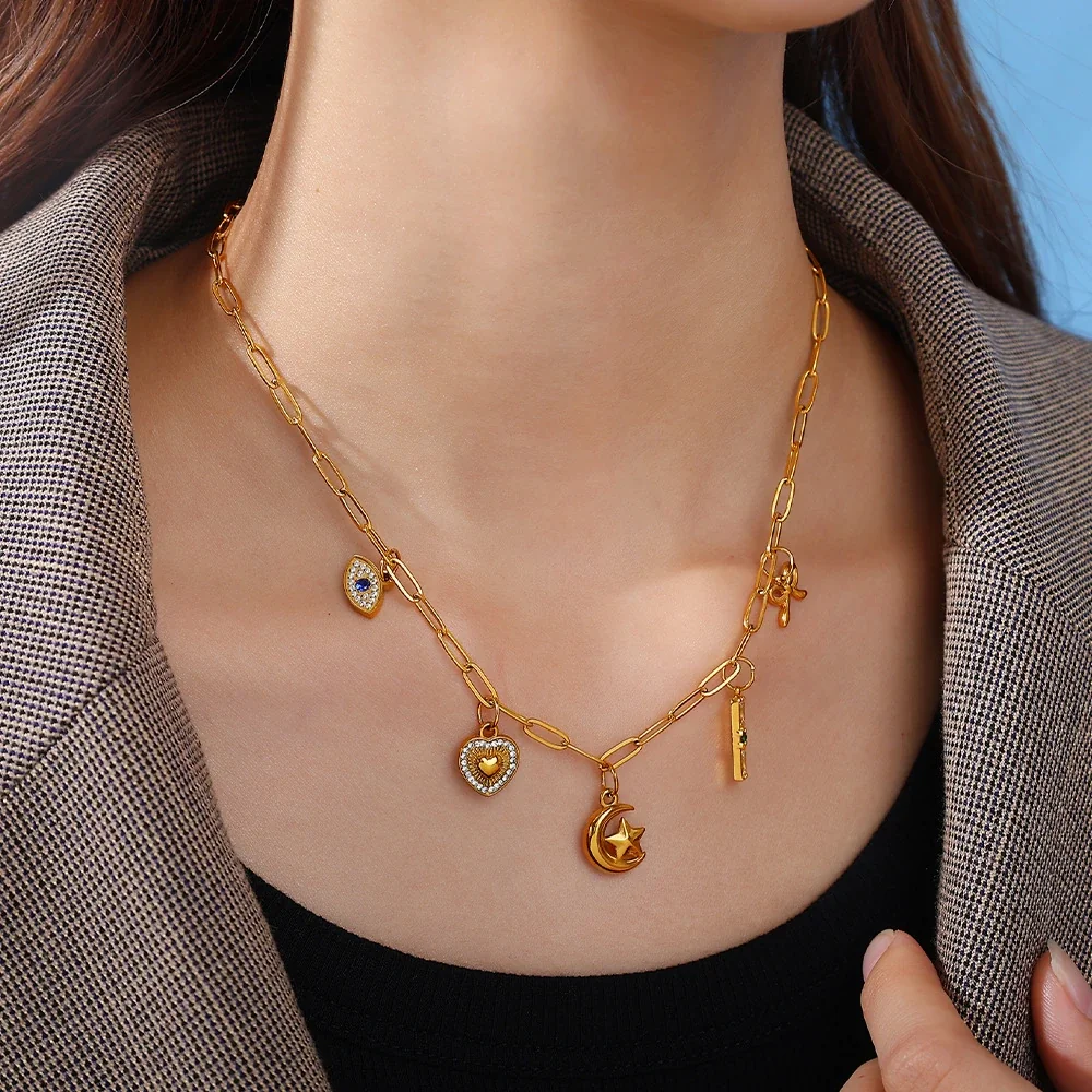 Stainless Steel Pendant Charms with Crystal Motifs, Gold-Plated