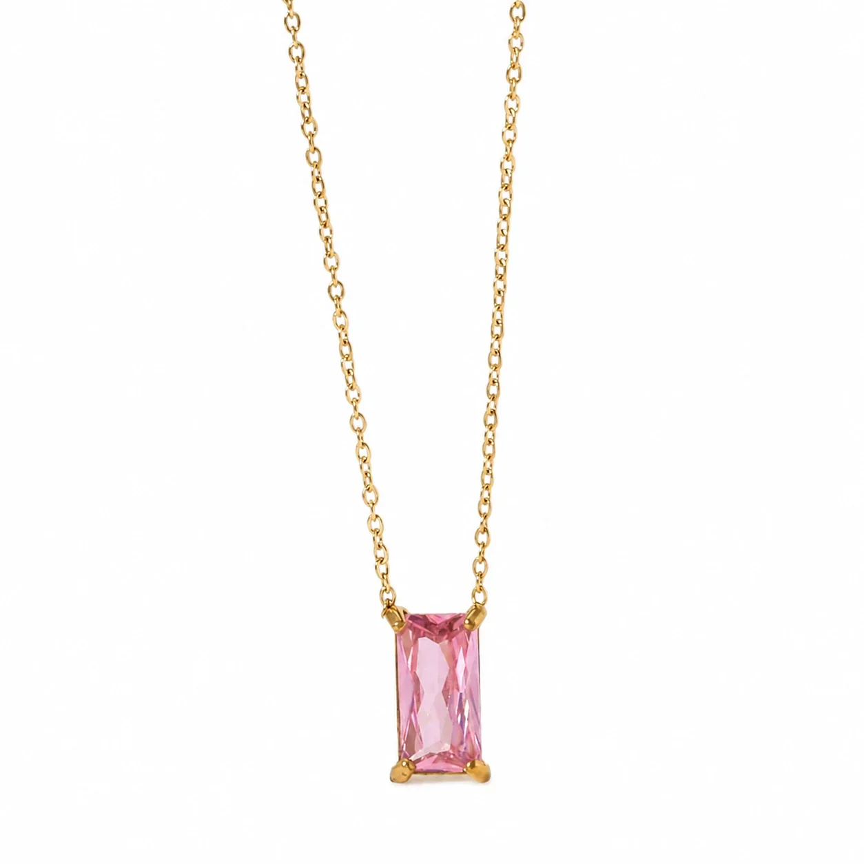 Sleek 18K Gold-Plated Emerald-Cut CZ Chain Necklace - Gold Pink CZ