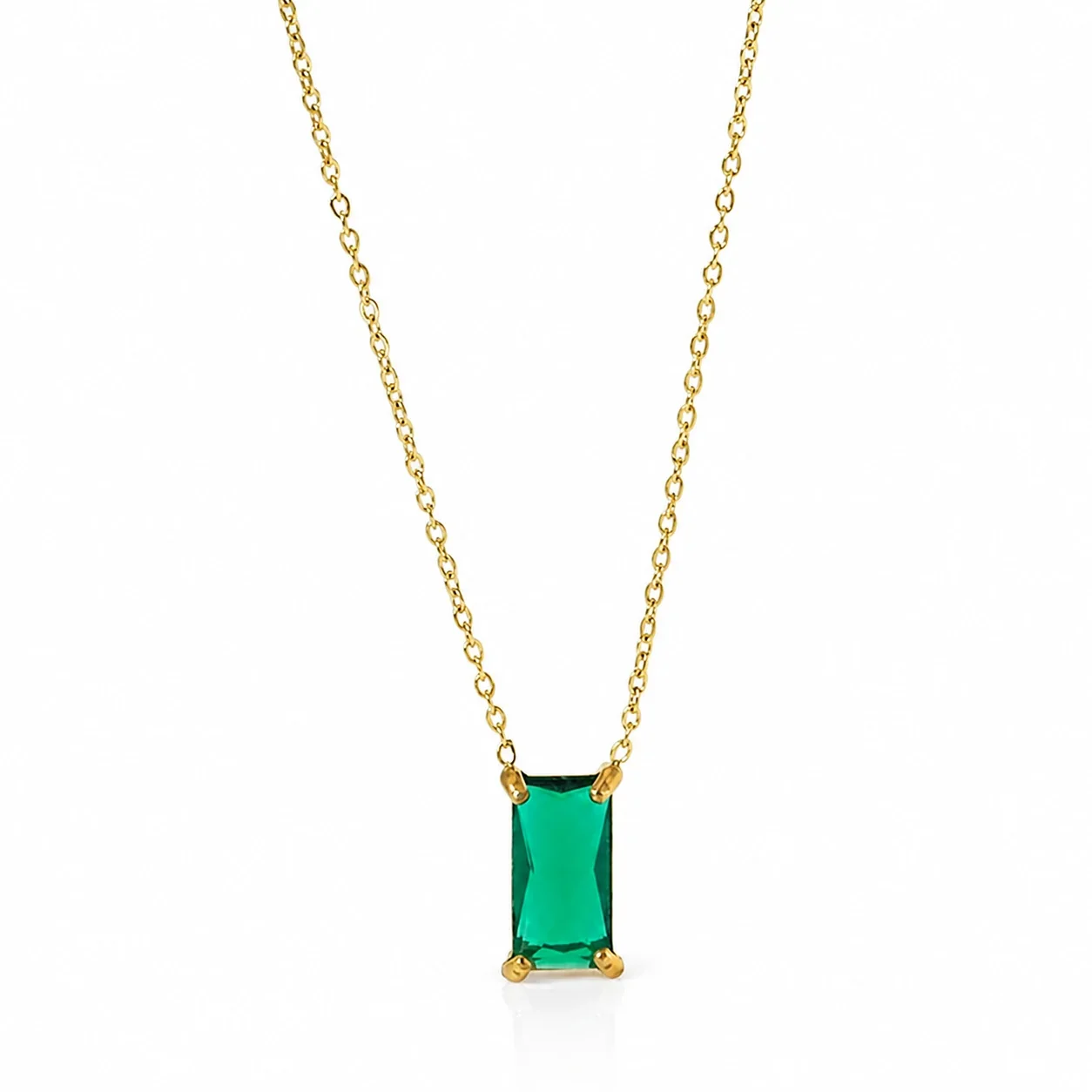Sleek 18K Gold-Plated Emerald-Cut CZ Chain Necklace - Gold Green CZ