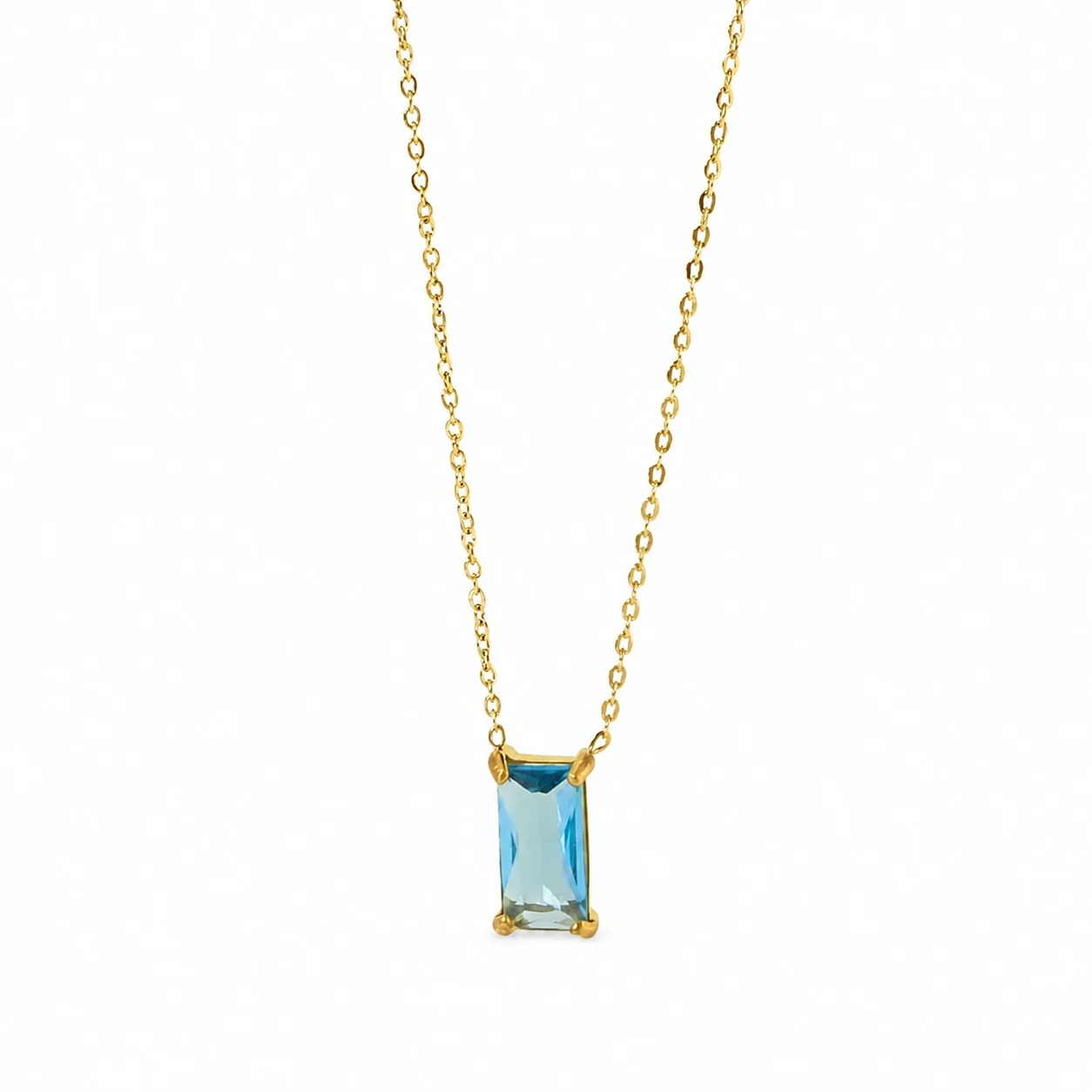 Sleek 18K Gold-Plated Emerald-Cut CZ Chain Necklace - Gold Light Blue CZ