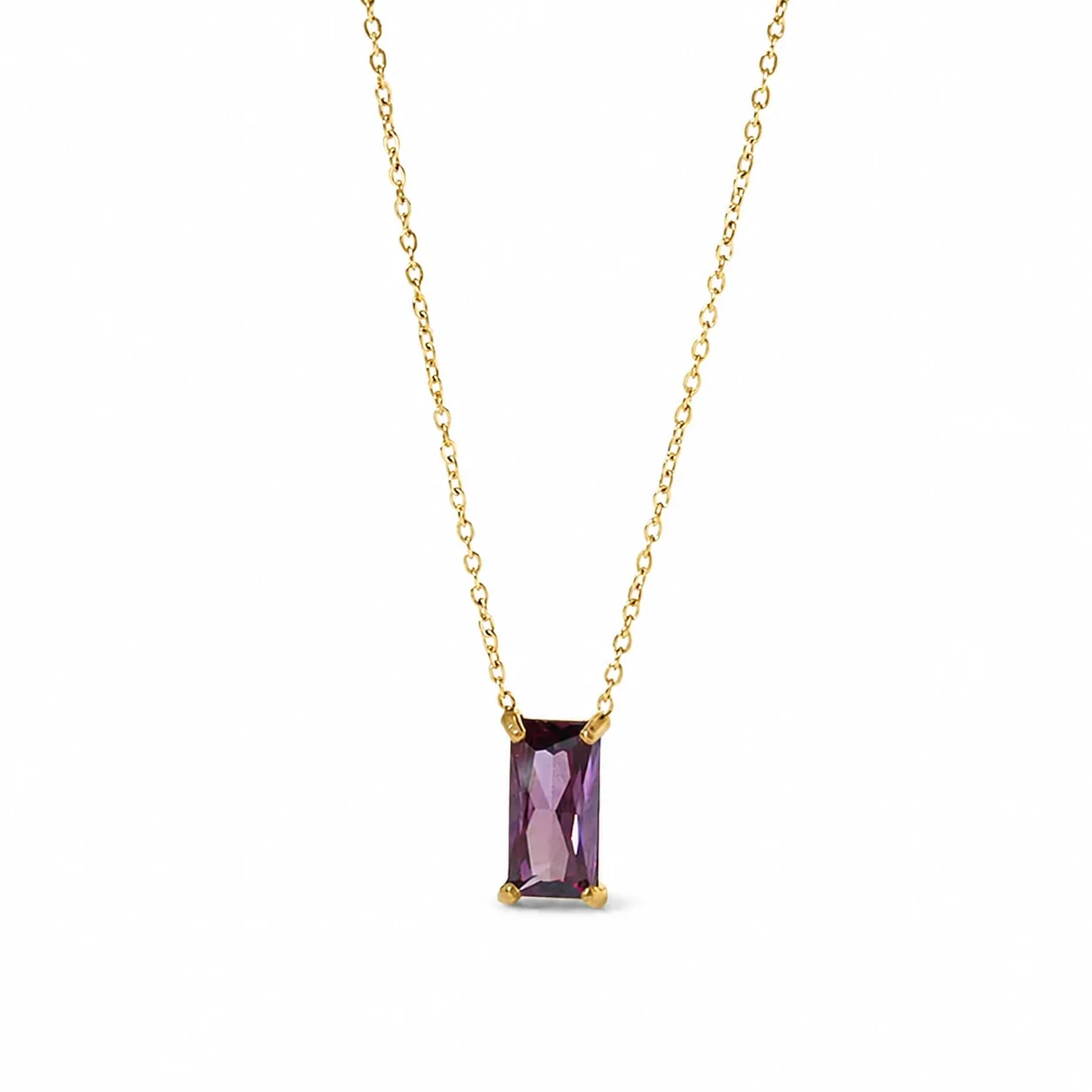 Sleek 18K Gold-Plated Emerald-Cut CZ Chain Necklace - Gold Purple CZ