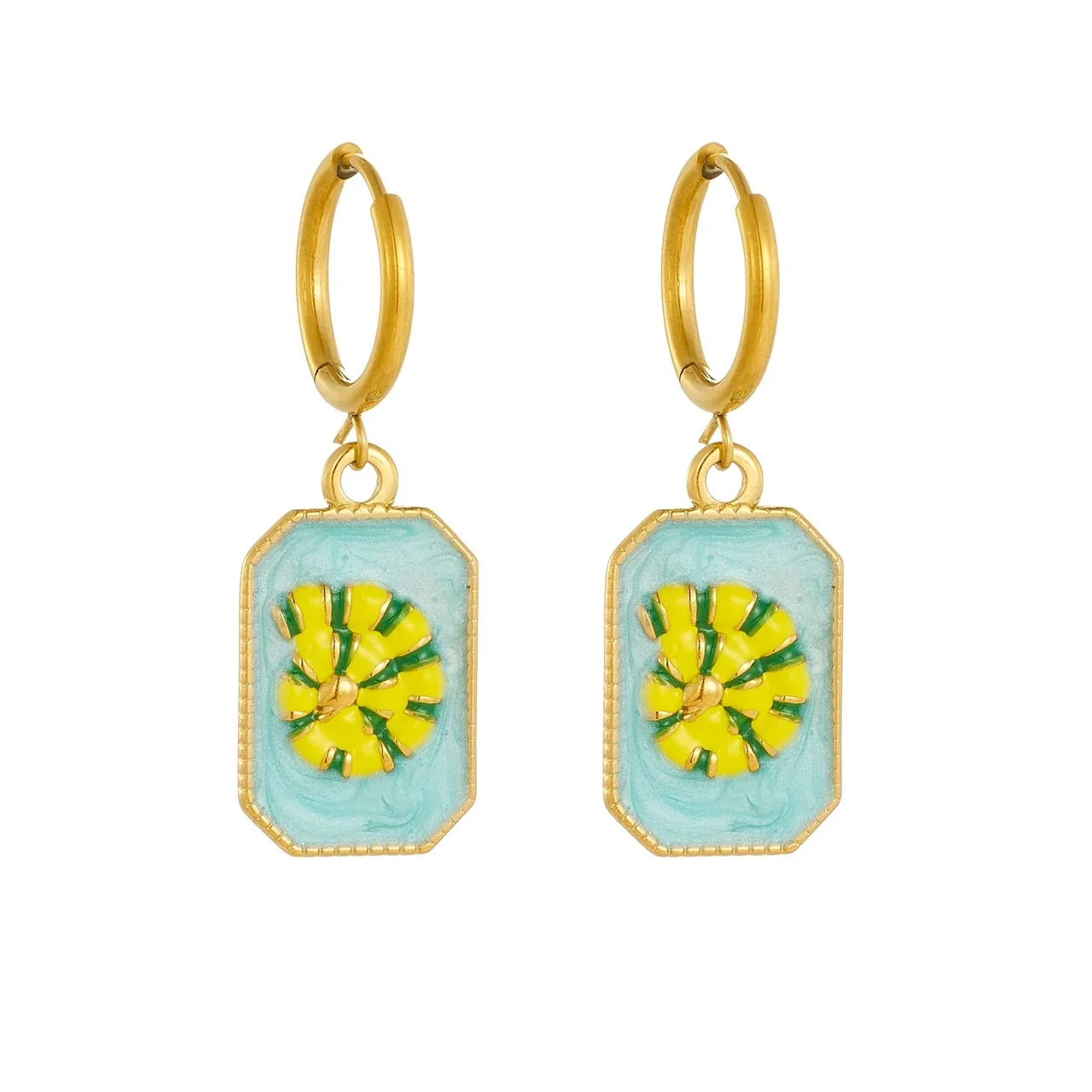 Drop Earrings with Enamel Spiral Shell Plaques, Gold-Plated