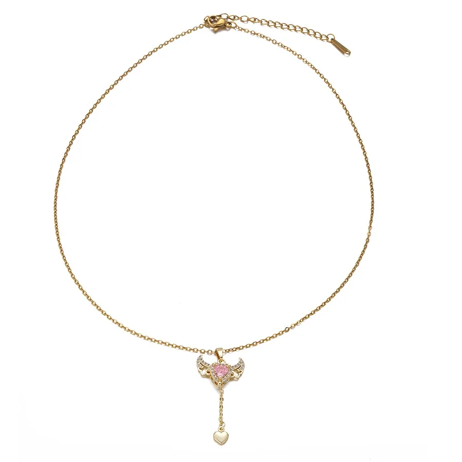 Angel Wing Heart Drop Necklace with Pink CZ, Stainless Steel