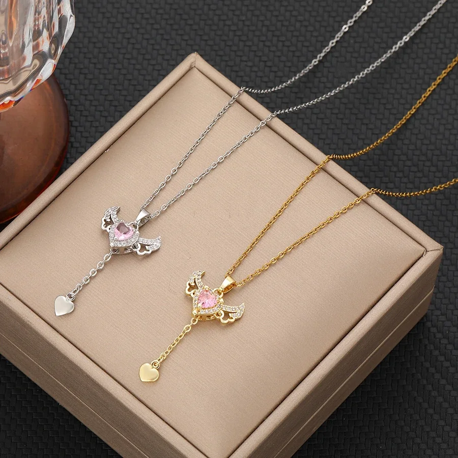 Angel Wing Heart Drop Necklace with Pink CZ, Stainless Steel