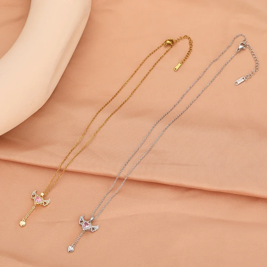 Angel Wing Heart Drop Necklace with Pink CZ, Stainless Steel