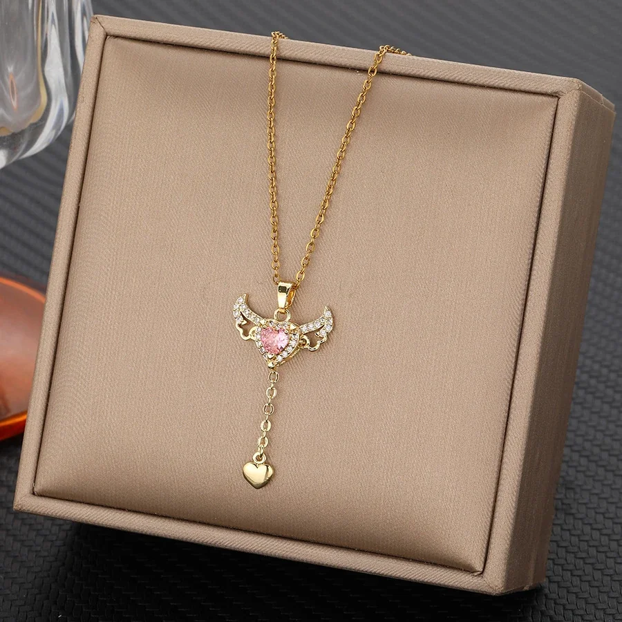Angel Wing Heart Drop Necklace with Pink CZ, Stainless Steel