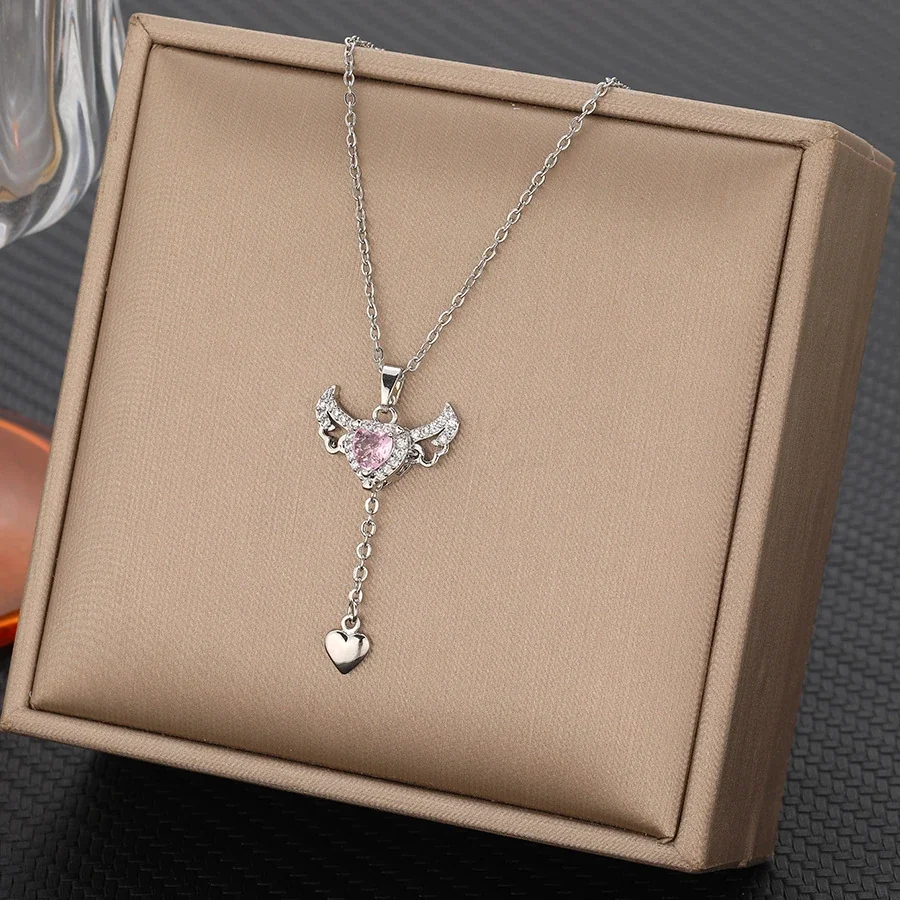 Angel Wing Heart Drop Necklace with Pink CZ, Stainless Steel