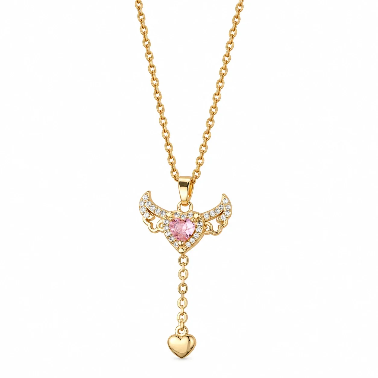 Angel Wing Heart Drop Necklace with Pink CZ, Stainless Steel - Gold Pink CZ