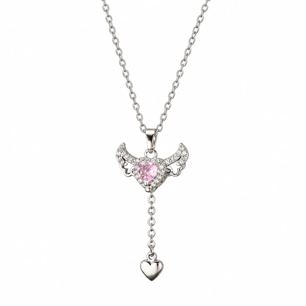 Angel Wing Heart Drop Necklace with Pink CZ, Stainless Steel - Silver Pink CZ