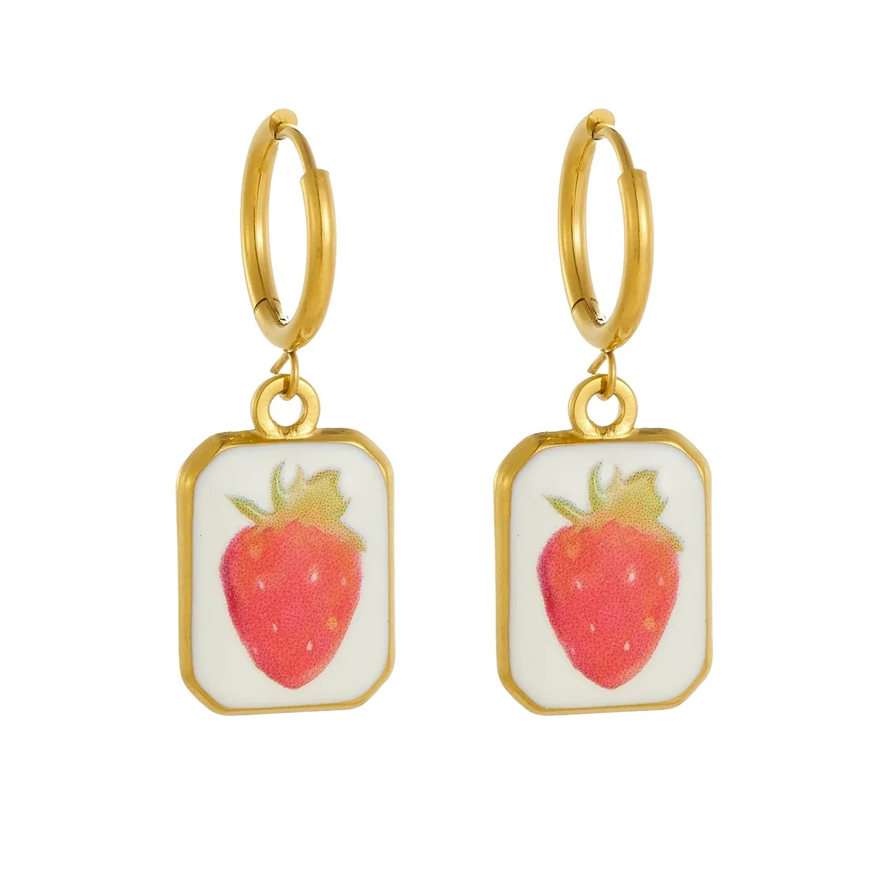 Drop Earrings with Strawberry Plaques, Gold-Plated Stainless Steel