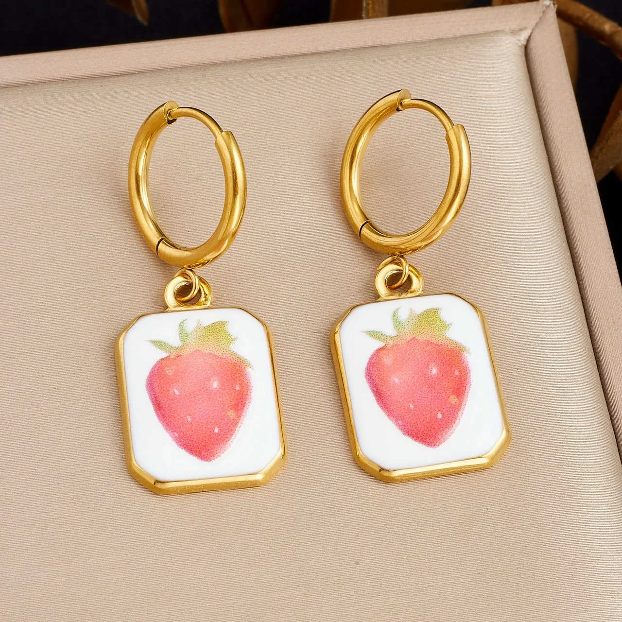 Drop Earrings with Strawberry Plaques, Gold-Plated Stainless Steel