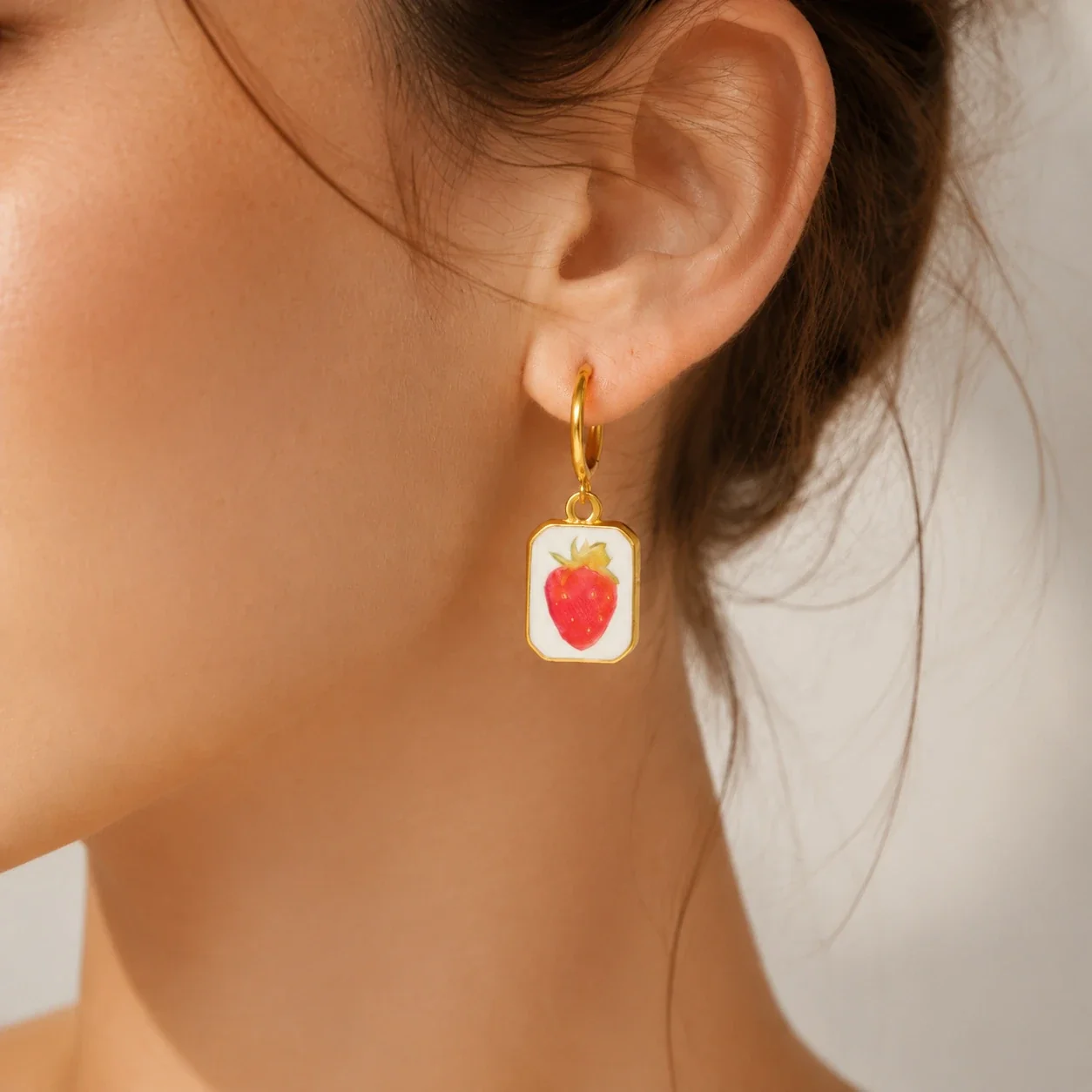 Drop Earrings with Strawberry Plaques, Gold-Plated Stainless Steel