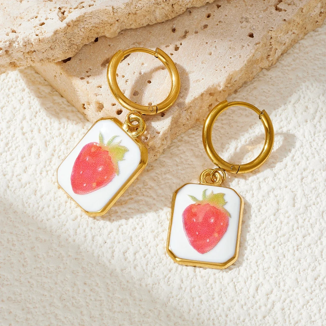 Drop Earrings with Strawberry Plaques, Gold-Plated Stainless Steel