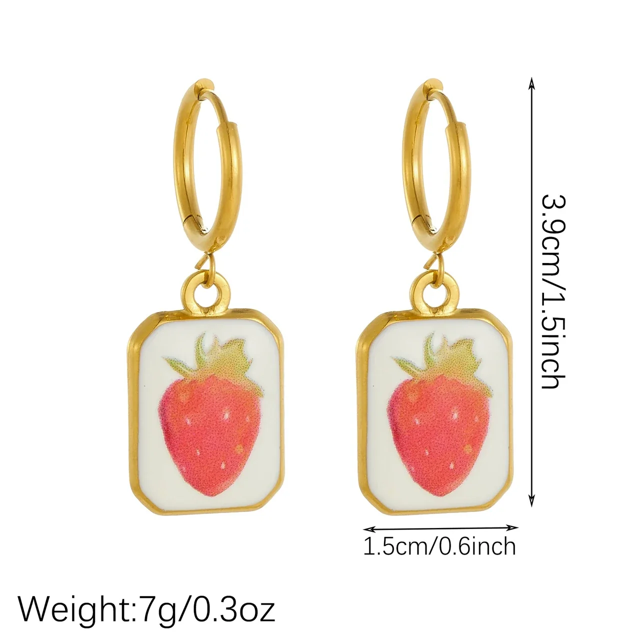 Drop Earrings with Strawberry Plaques, Gold-Plated Stainless Steel