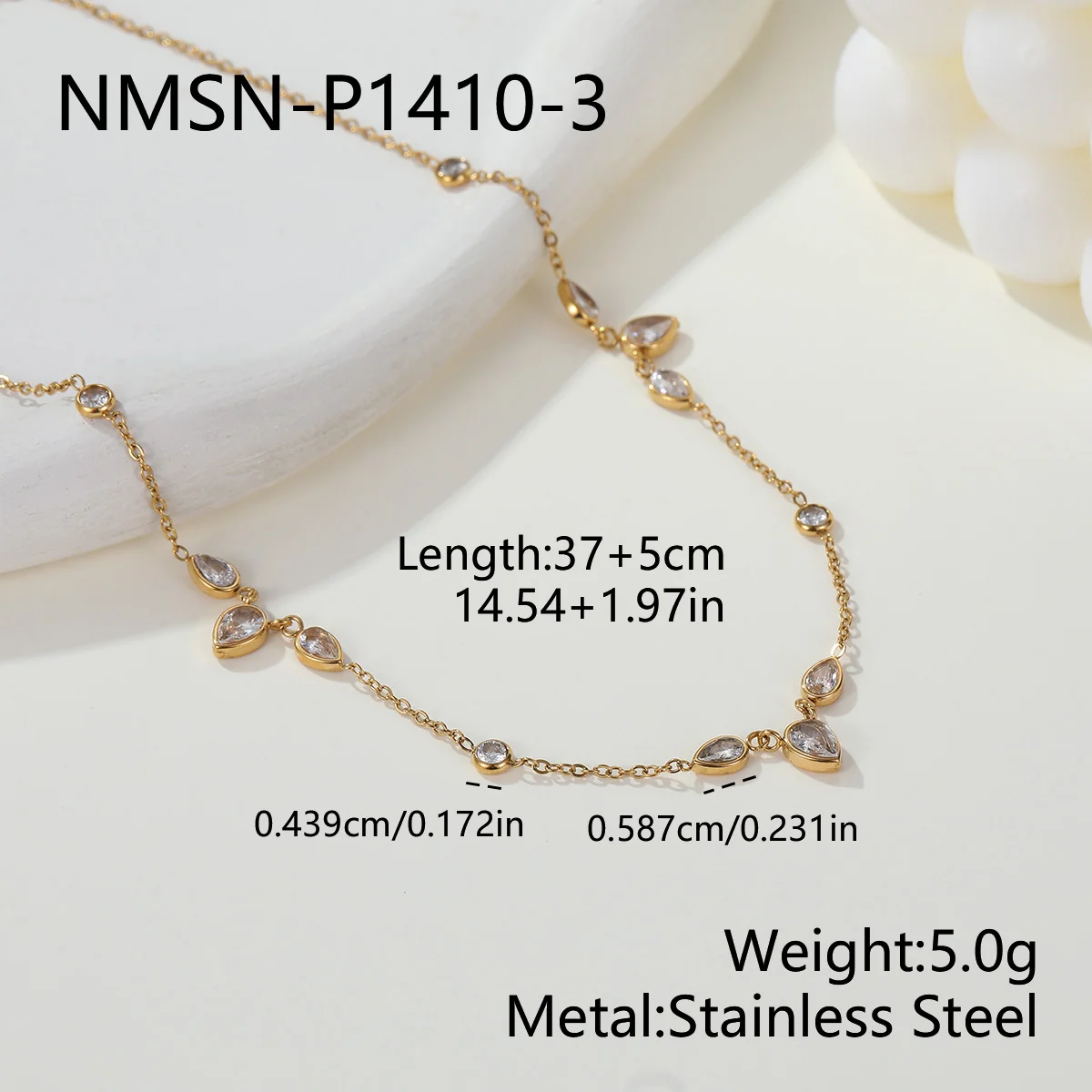 Ketting met peervormige en ronde CZ, 18K verguld productfoto