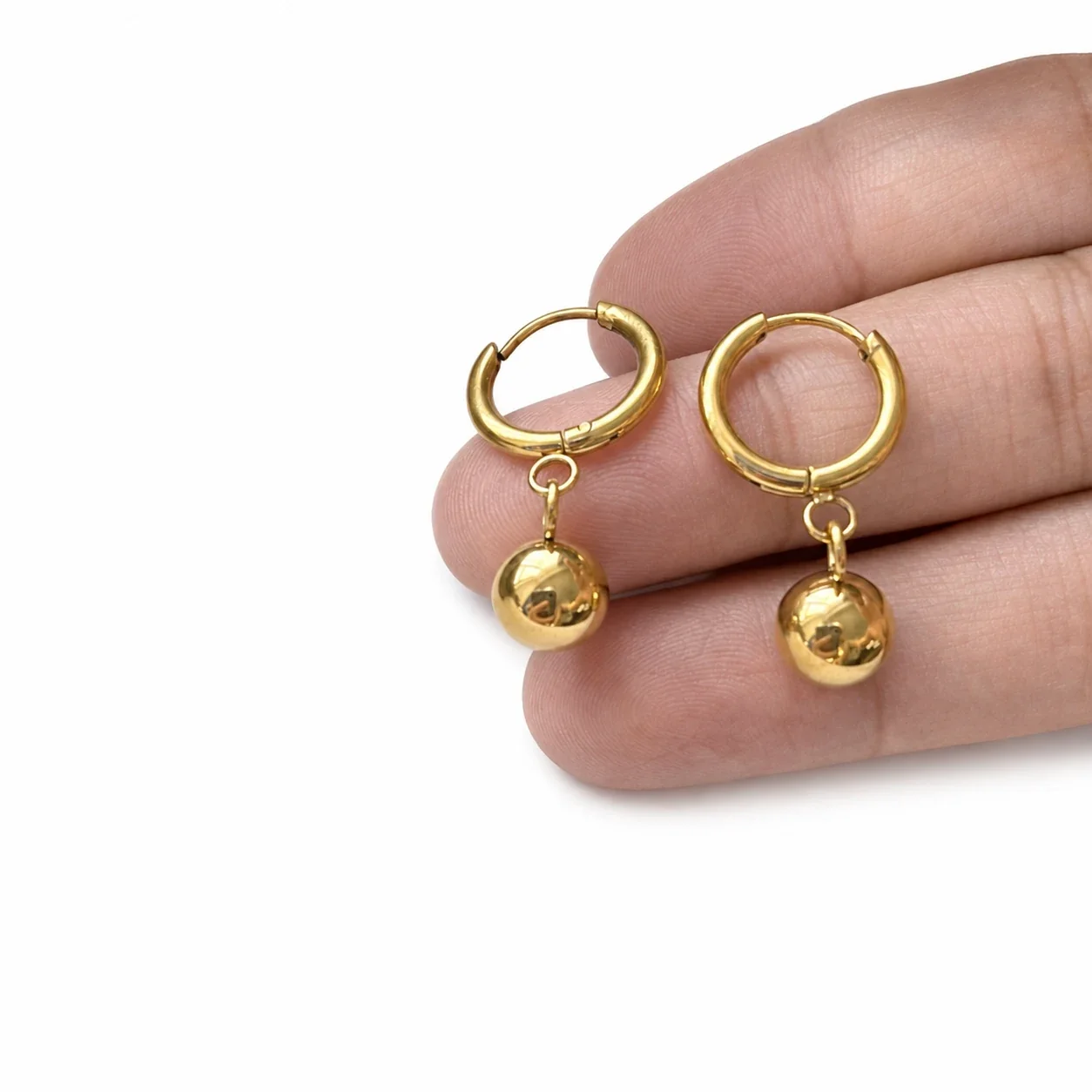 Polished Gold-Plated Ball Drop Hoop Earrings
