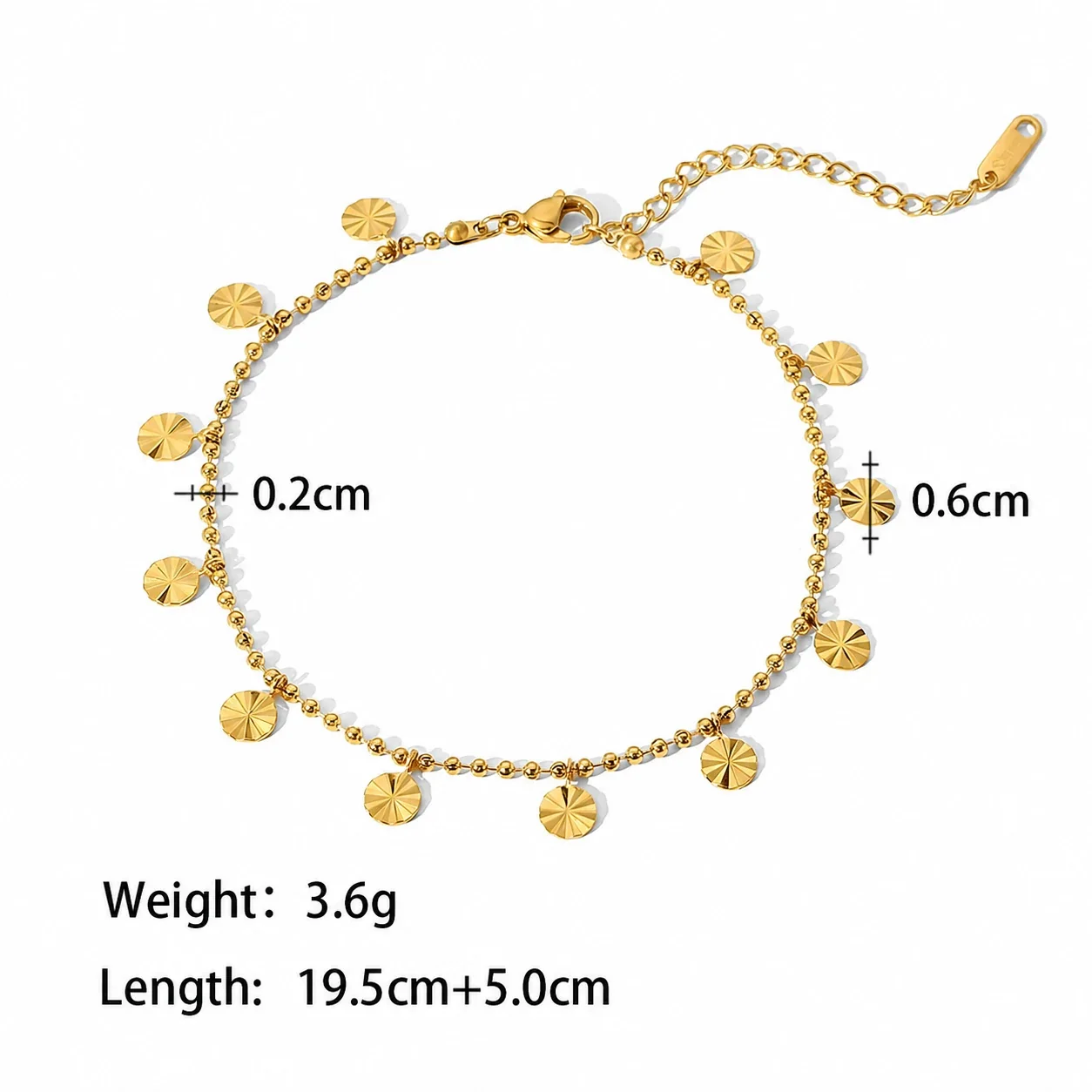 Radiant 18K Gold-Plated 316 Bead Chain Disc Charm Anklet - Gold
