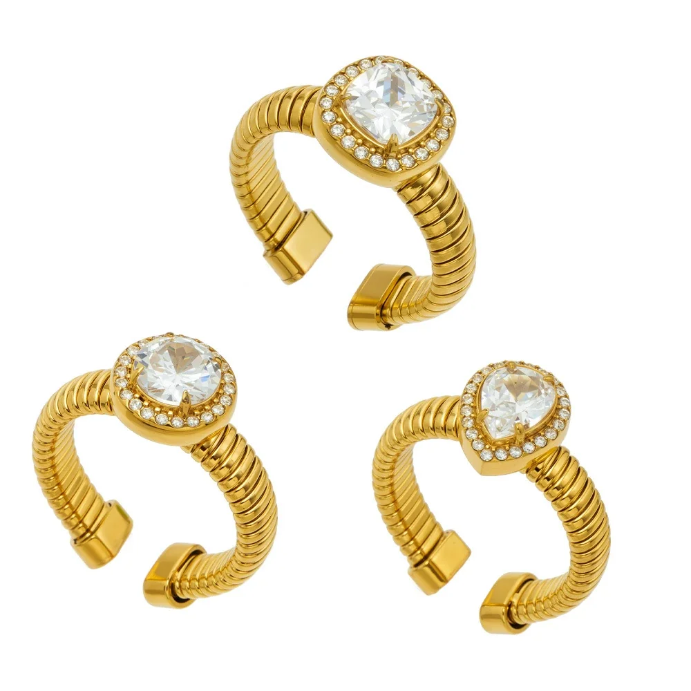 Ribbed Gold PVD 316L Stainless Steel Teardrop CZ Open Ring