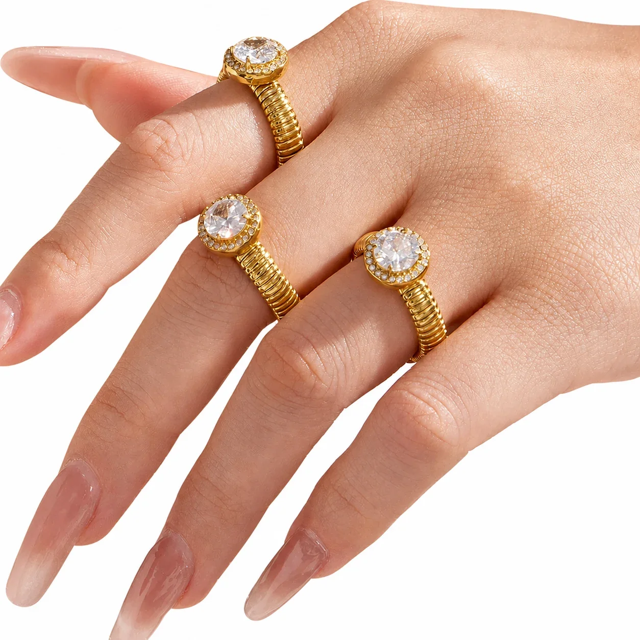 Ribbed Gold-Plated 316L Teardrop CZ Open Ring
