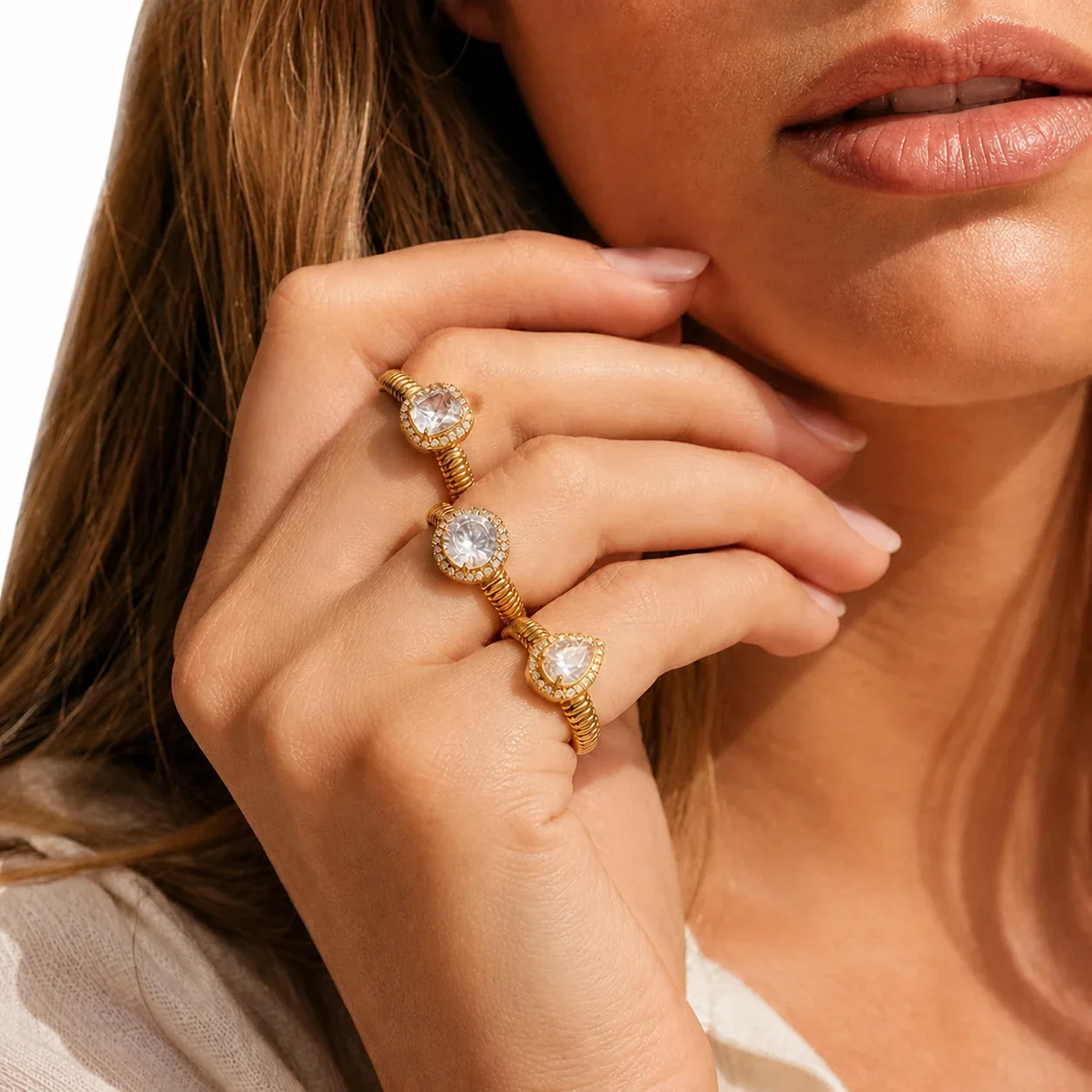 Ribbed Gold-Plated 316L Teardrop CZ Open Ring