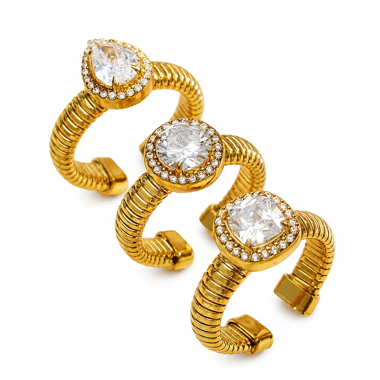 Ribbed Gold-Plated 316L Teardrop CZ Open Ring